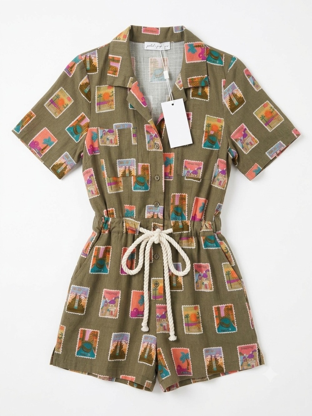 PETAL + PUP Sage Green postage-stamp print romper with rope belt BNWT